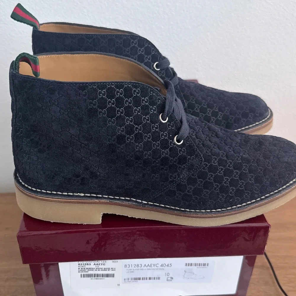Gucci 831283 Moreau Navy Blue GG Monogram Suede Chukka Desert Boots Mens 10